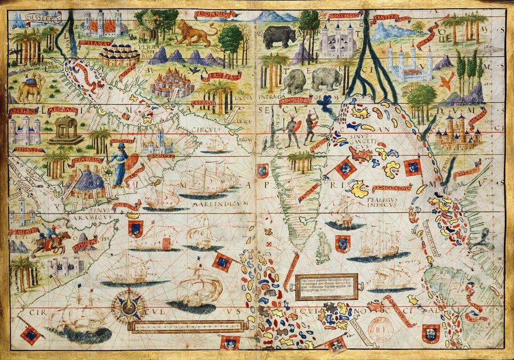 Kaart van India, Arabië, de Hoorn van Afrika en de Indische Oceaan door Pedro en Jorge Reinel uit de Miller Atlas, een Portugese geïllustreerde atlas uit 1519. Bron: Wikimedia Commons.