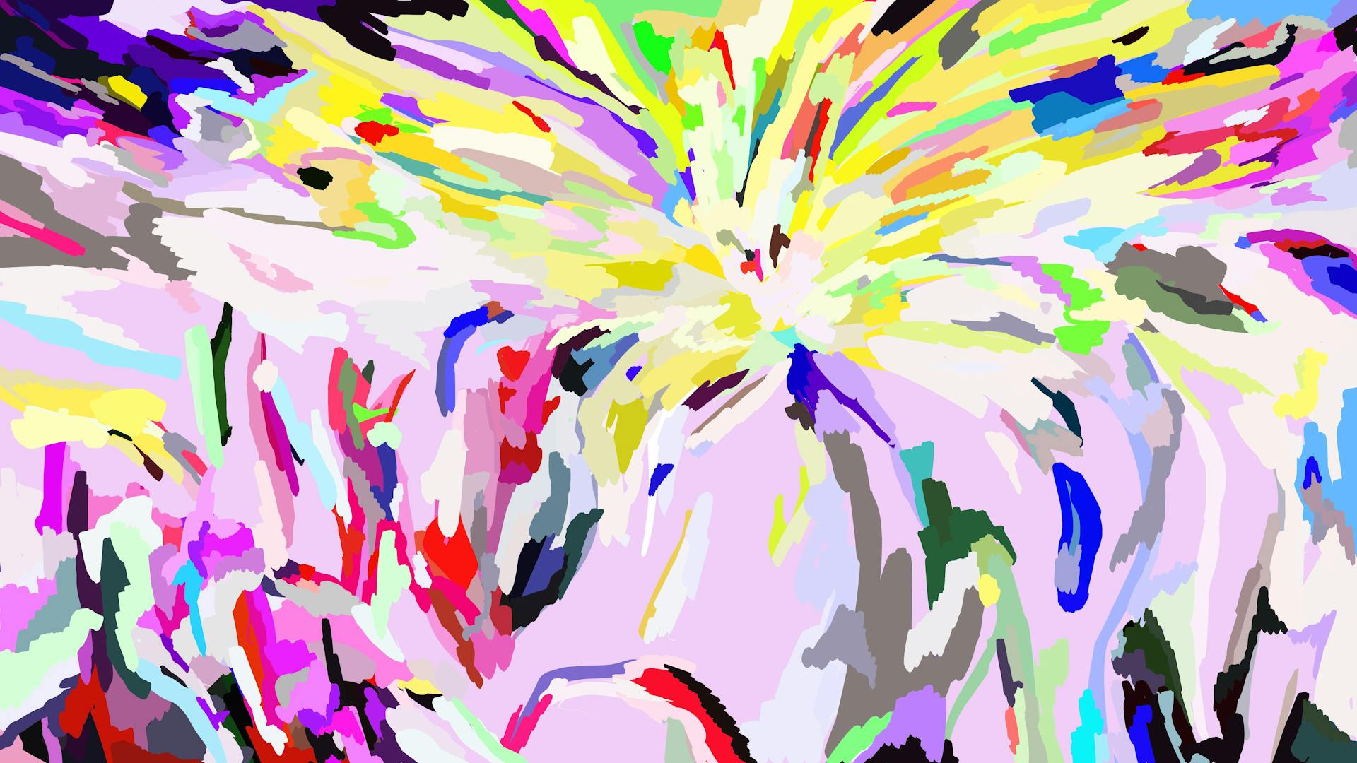 Een kleurrijk en abstract kunstwerk met dikke penseelstreken. 