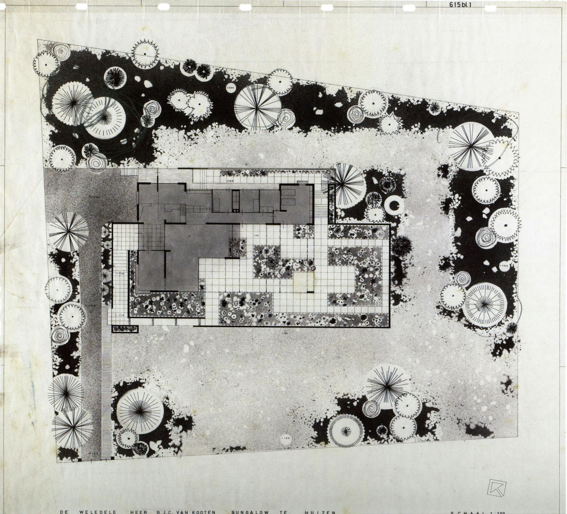 Pieter Buys. Plattegrond tuin Van Kooten, Huizen, 1962. Bureau-archief MTD Landschapsarchitecten, Den Bosch. 