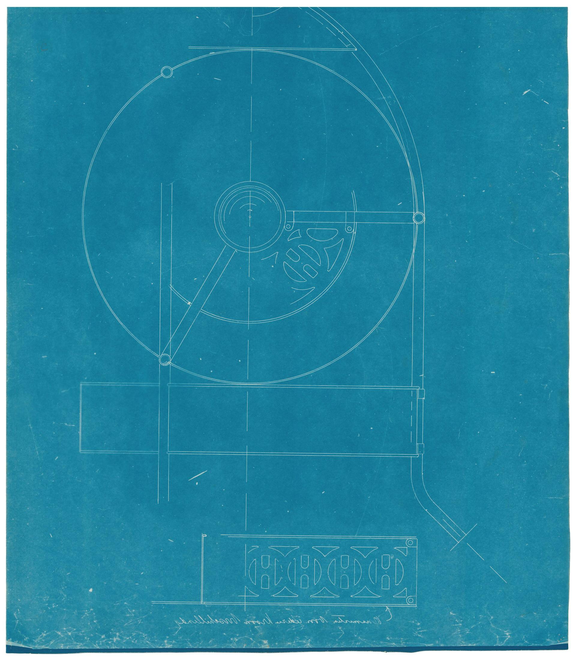 Voorbeeld van een blauwdruk die abusievelijk spiegelbeeldig is afgedrukt. De blauwdruk is bovendien heel onregelmatig van kleur en bevindt zich op de achterkant van BERL 207a. H.P. Berlage. Ontwerp voor de Koopmansbeurs aan het Damrak in Amster… 