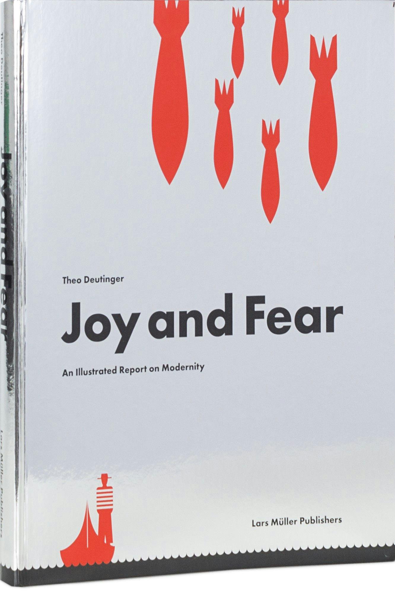 Boekomslag van het boek Joy and Fear, grotendeels zilveren omslag met wat kleine rode figuren.