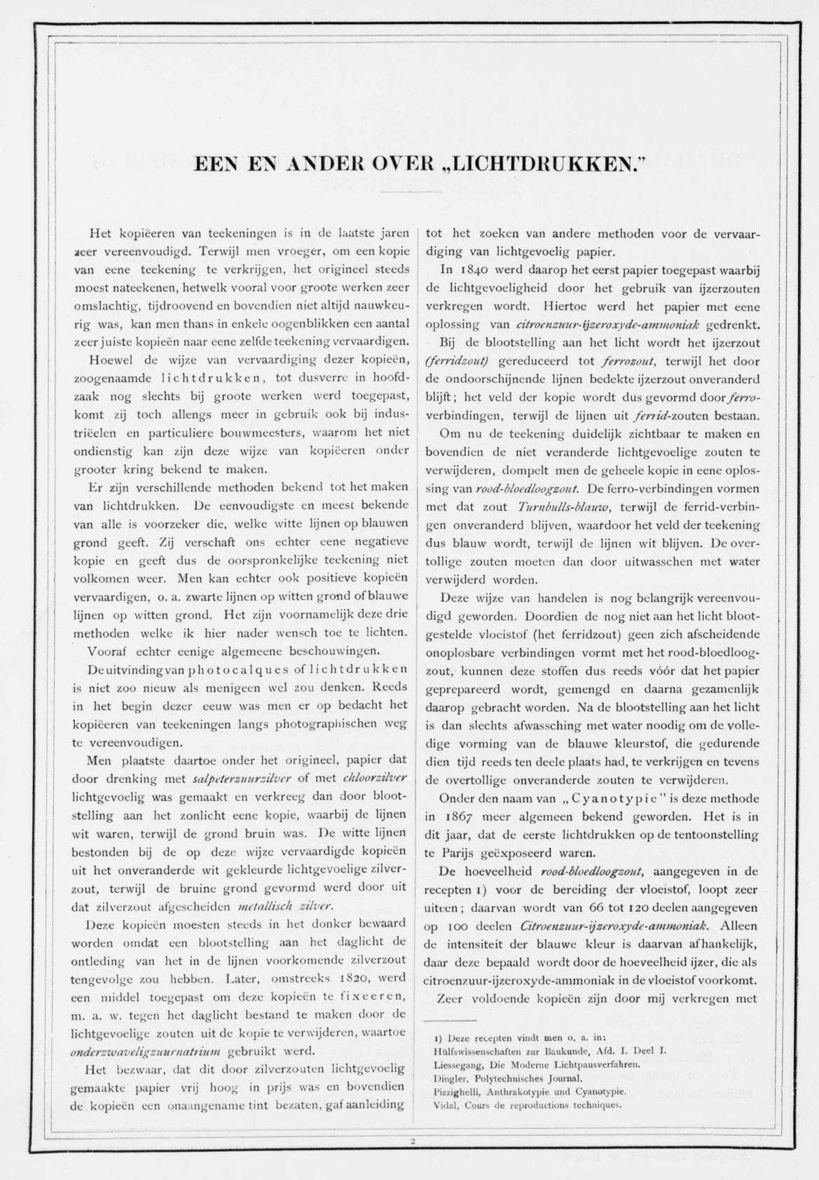 Artikel van de architect P.A. Frijlink over de blauwdruk in het Bouwkundig Tijdschrift, 1890. Dit is het eerste artikel over het vervaardigen van blauwdrukken speciaal gericht op de architectengemeenschap. Uit: Bouwkundig Tijdschrift, 1890, 2-5… 