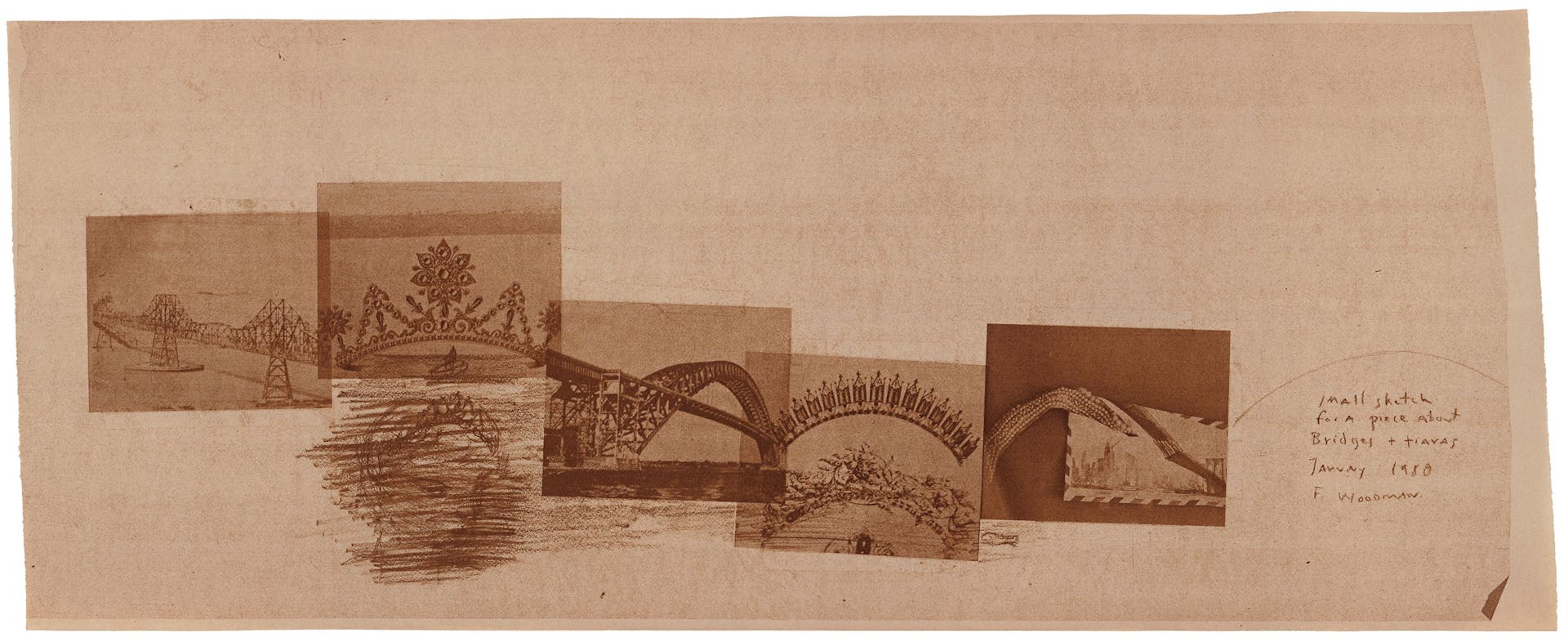 De Amerikaanse fotograaf Francesca Woodman experimenteerde rond 1980 met de diazotypietechniek. Deze collage maakte ze door een schets te kopiëren en die te combineren met foto’s van bruggen en tiara’s. Het transparant van de schets is dui… 