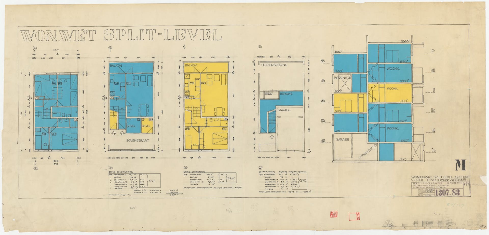 Van den Broek en Bakema, ontwerp splitlevelwoning ’t Hool, Eindhoven, 1967. Toepassing van gekleurde Zips om de relatie tussen de verschillende splitlevel-woningtypen in een bouwblok mee te verduidelijken in het ontwerp van woonwijk ’t Hool (19… 