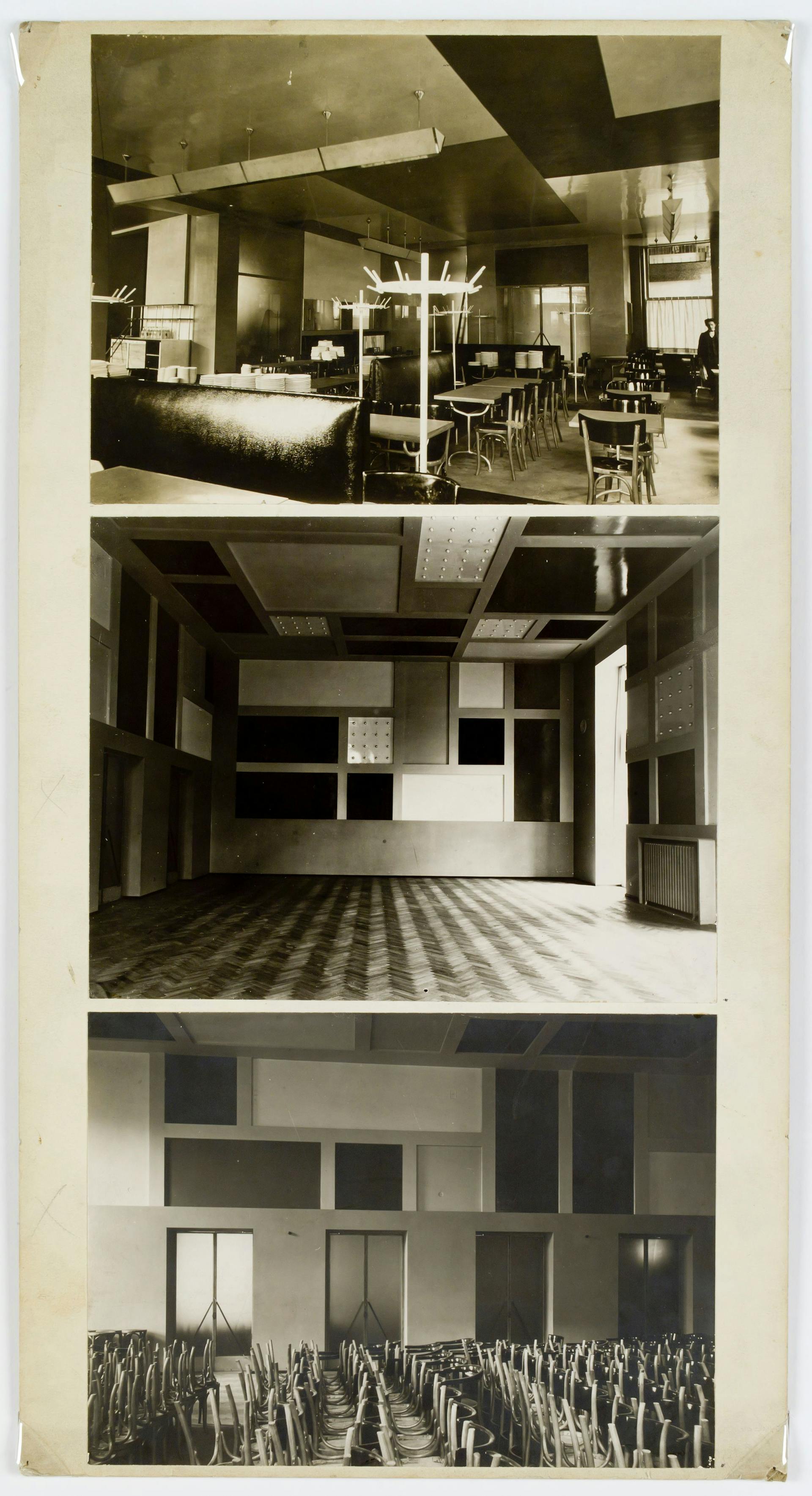 Th. Van Doesburg. l'Aubette, Straatsburg, 1926-1928. Foto's van het interieur van de Café-brasserie (b), de Grote Feestzaal (m) en de Kleine Feestzaal (o). Collectie Het Nieuwe Instituut, gift Van Moorsel, DOES AB9149. 