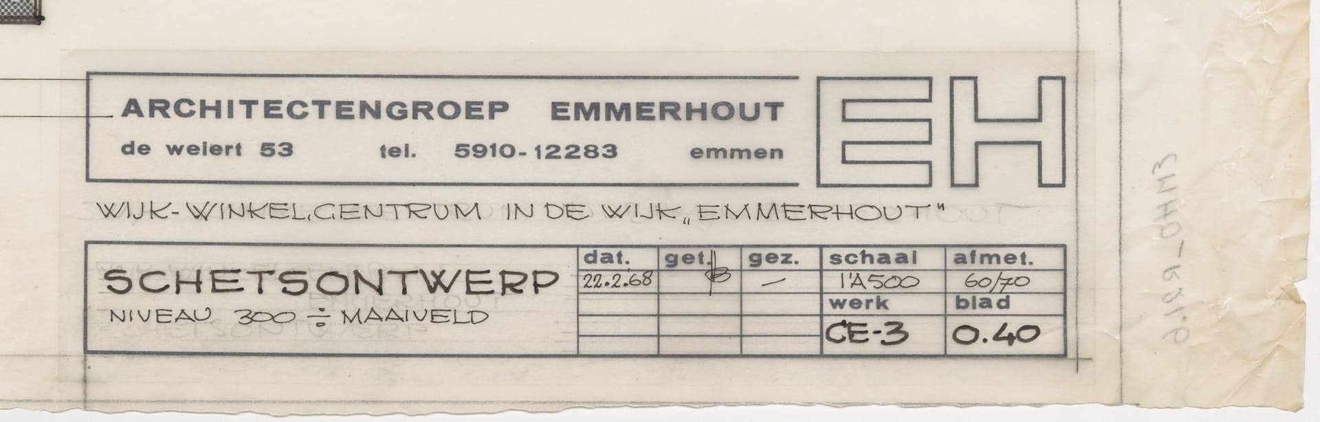 Architectengroep Emmerhout, schetsontwerp winkelcentrum, Emmerhout, 1968. Toepassing van een custom-made Zip met vaste gegevens, zoals naam, adres en logo van het architectenbureau. Op de Zip was ruimte om variabele gegevens als titel, fase en… 