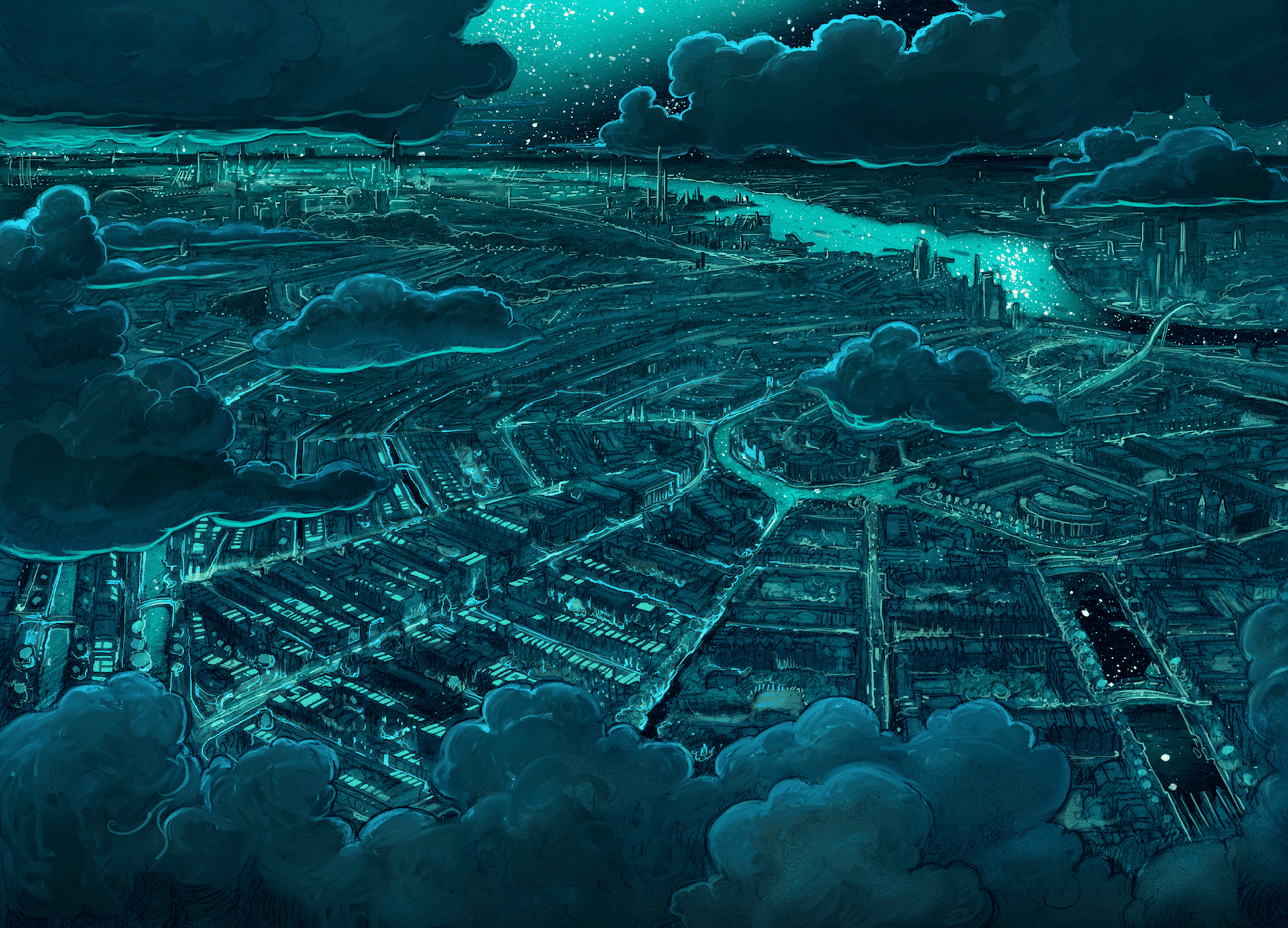 'De donkere stad', tekening door Jan Cleijne 2019 