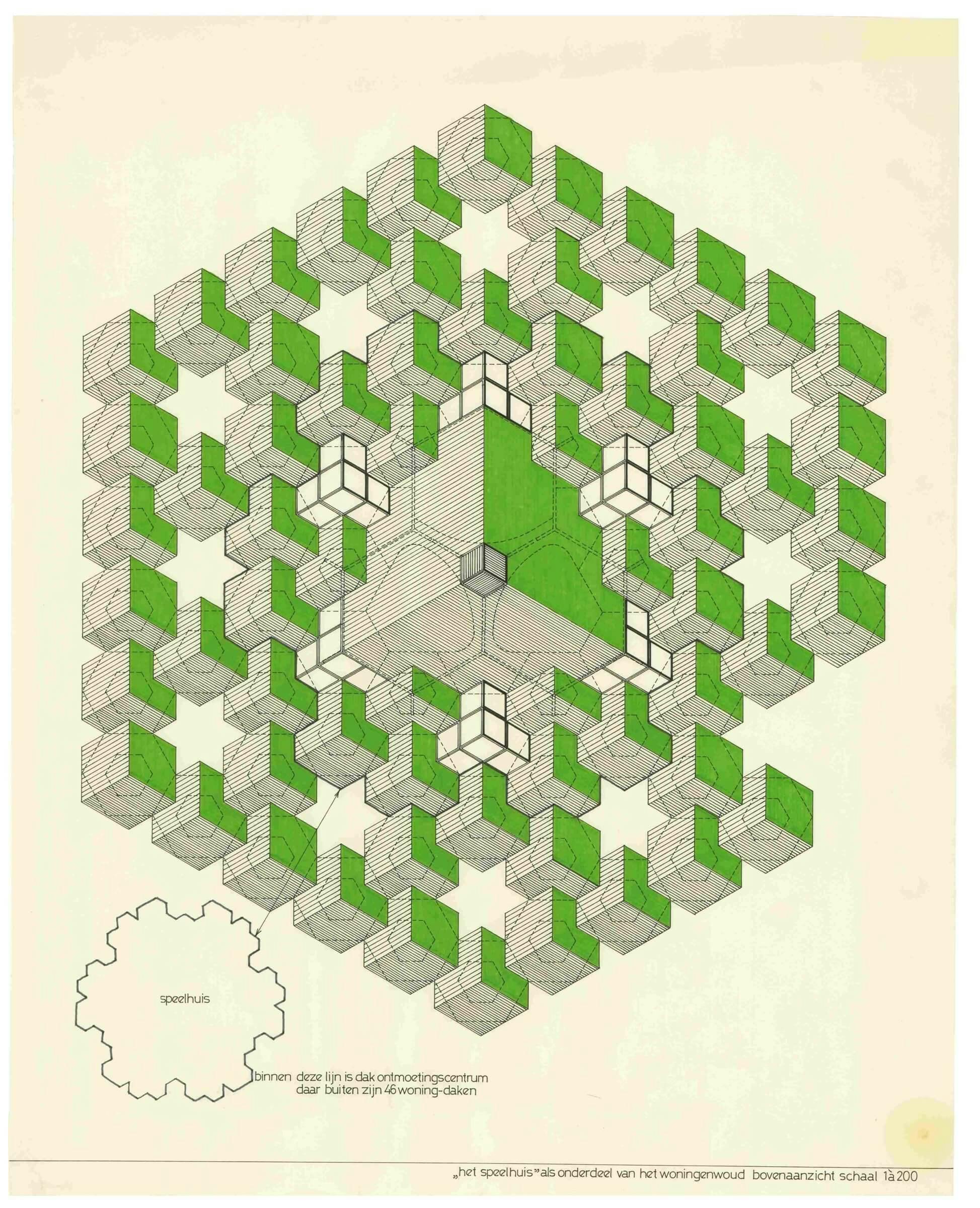 P. Blom, presentatietekening en bovenaanzicht van Het Speelhuis als onderdeel van 188 woningen (het woningenwoud), 1973. Collectie Het Nieuwe Instituut, BLOM 137-3. 