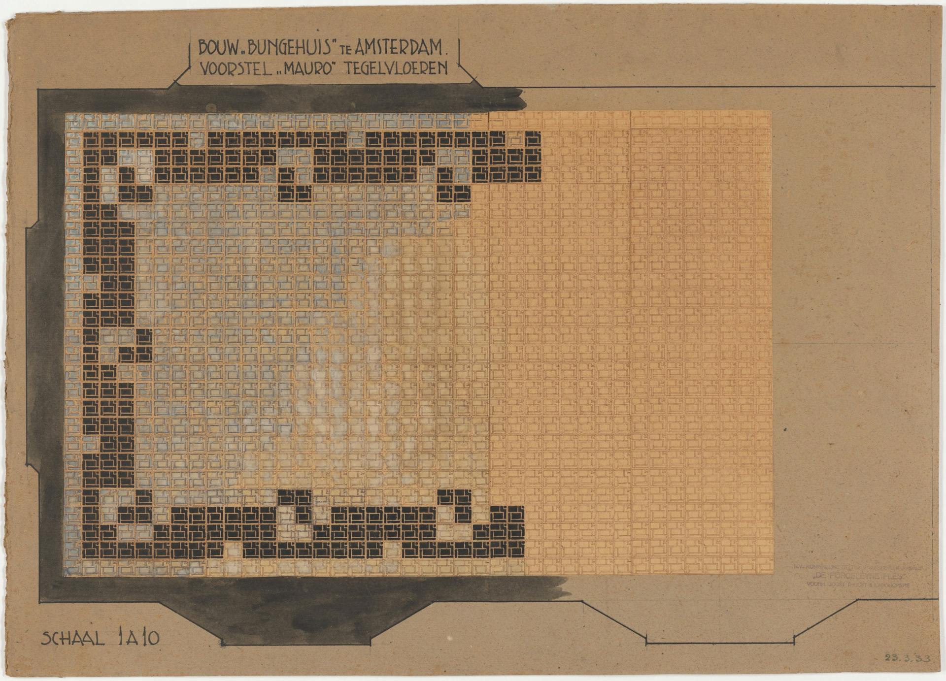 Van Gendt gebruikte hier de diazotypie voor het ontwerp van een Mauro tegelvloer. Hij tekende de hoofdlijnen op het transparant (de eerste versie van de ontwerptekening), maakt een diazotypie en kleurde het patroon van de tegels in met zwa… 