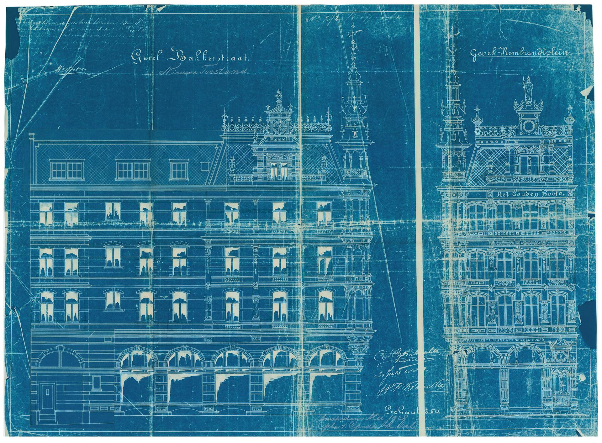Blauwdruk uit 1928 van de oorspronkelijke ontwerptekening uit 1890 van architect  C.A. Bombach voor café-restaurant Het Gouden Hoofd (nu café l’Opera) in Amsterdam. Het werd in 1928 door architectenbureau Van Gendt verbouwd. Architectenbur… 