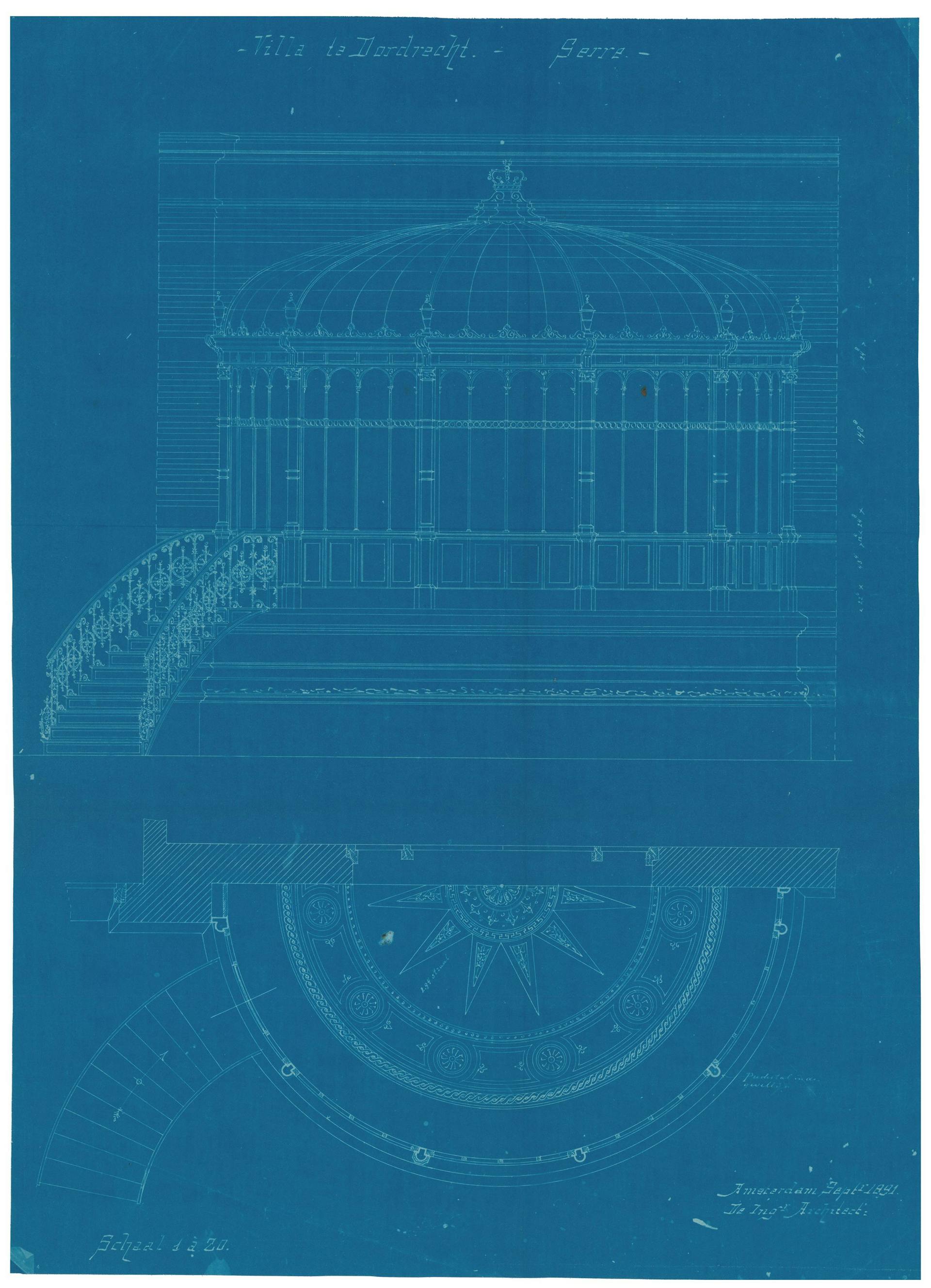 Blauwdruk van de serre met ijzeren trap en ijzerconstructie van villa Rozenhof in Dordrecht, in het archief van Architectenbureau Van Gendt. Het staalconstructiebedrijf dat de serre maakte is vooralsnog onbekend. Van Gendt maakte meerdere reeks… 