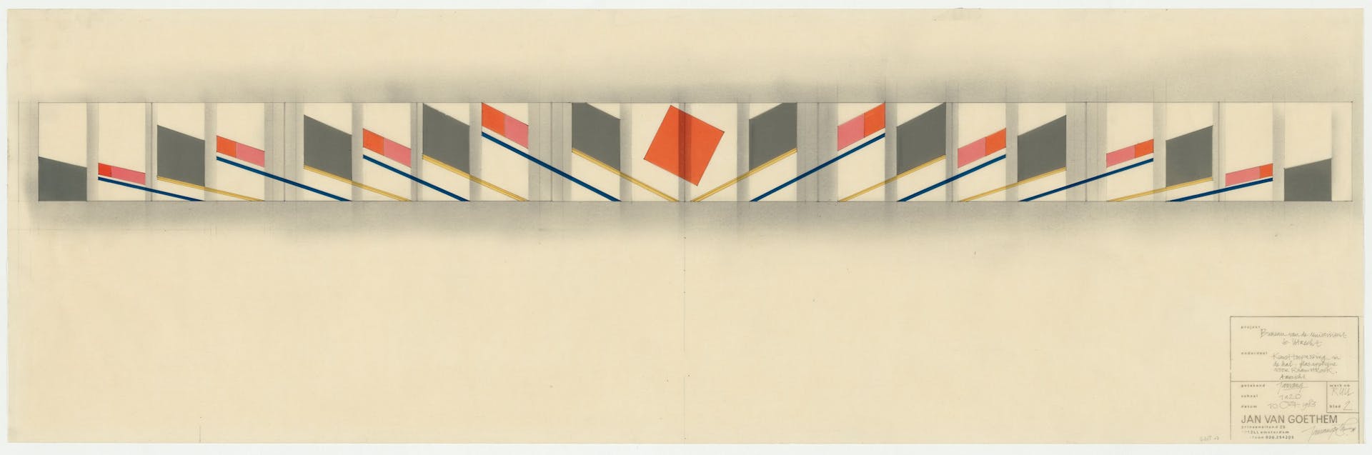 Jan van Goethem, toepassing van meerdere kleuren zips op transparant papier voor een glasdecoratie in een raamstrook van de Universiteit Utrecht, 1983. De zips geven hier het werkelijke kleurenpalet weer van het uit te voeren ontwerp. Collectie… 