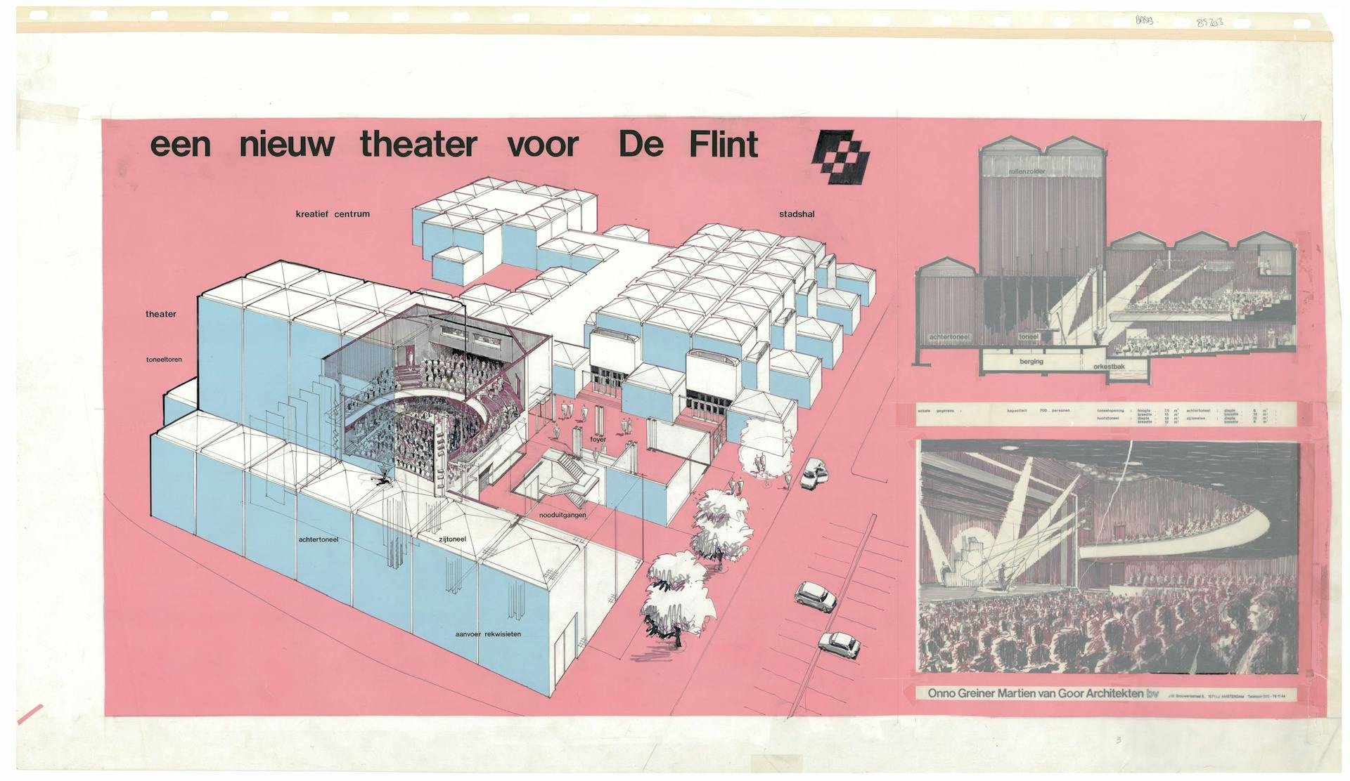 Onno Greiner en Martien van Goor, Theater De Flint, Amersfoort, ca. 1975. Een transparant met roze en lichtblauwe zips, hittebestendige wrijfletters van Letraset in het lettertype Helvetica Medium en opgeplakte interieurontwerpen. Deze collage… 