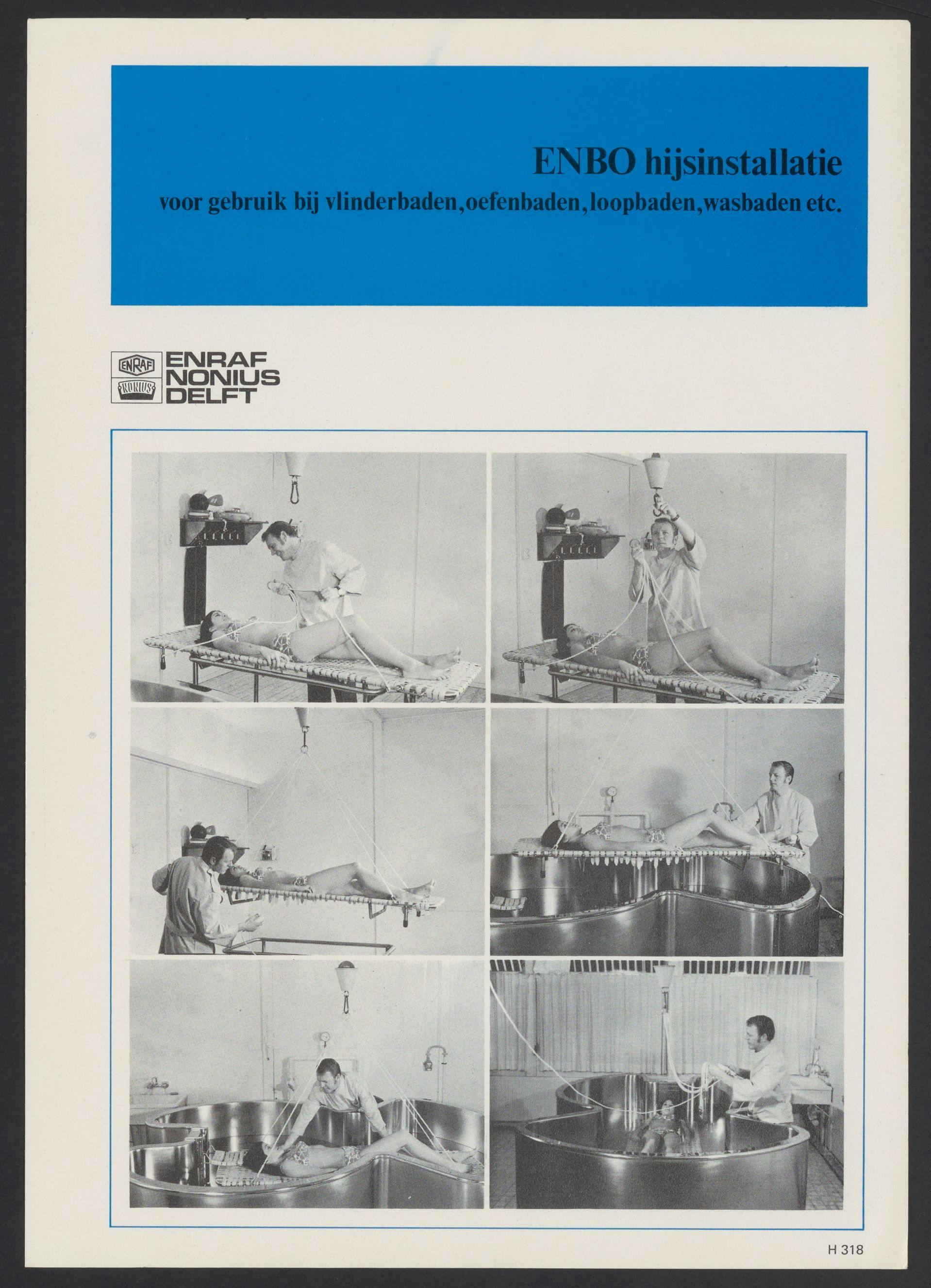 Six photographs in black and white, explaining step by step how the bathing equipment works. A white woman is being lifted in a large metal tub by a white man in a doctors uniform who operates the crane machine.