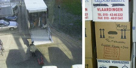 Left: Arrival of the last section of the OMA archive at the NAI. Right: Removal boxes containing OMA archive material. 