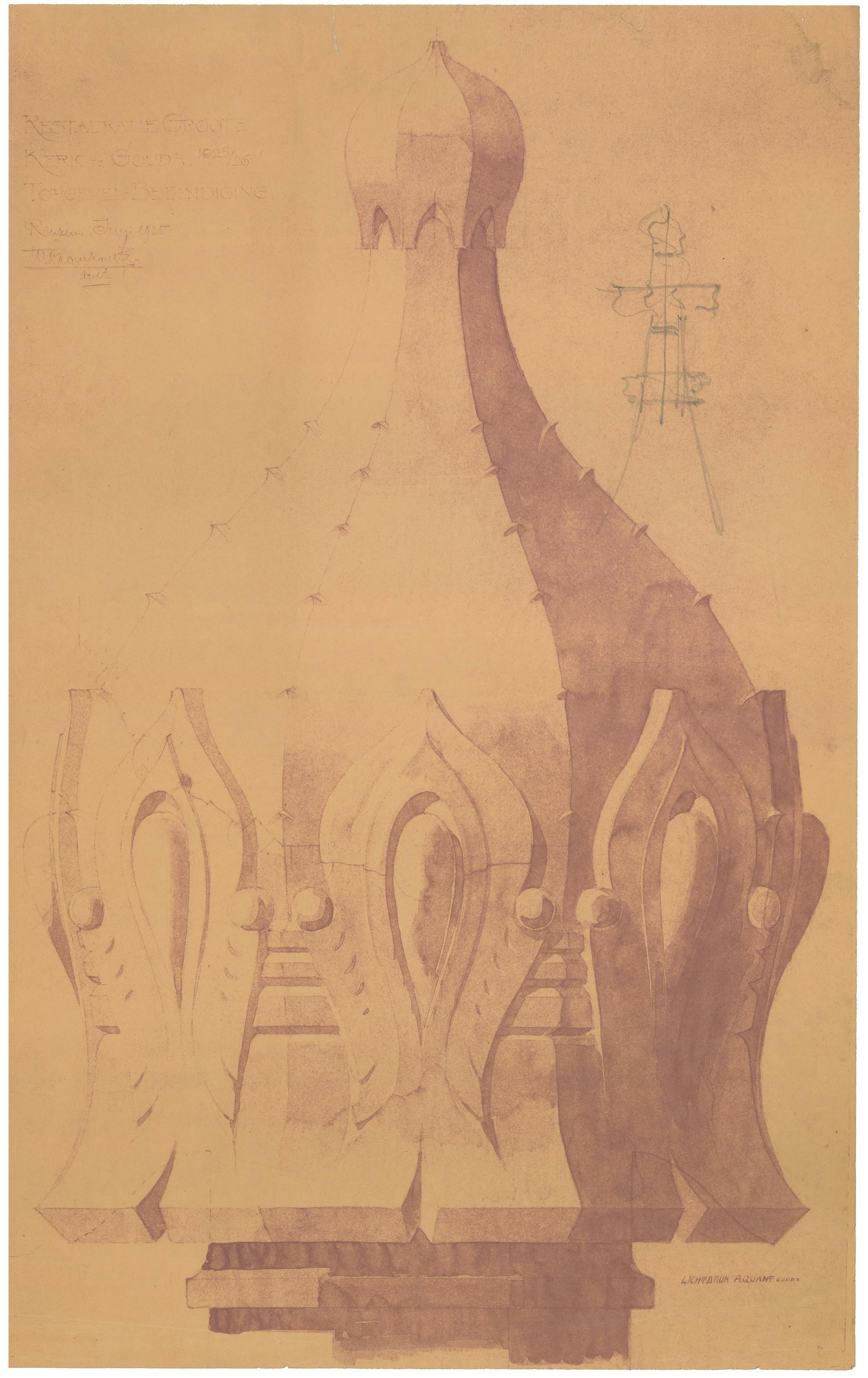 Deze vroege diazotypie uit 1925 van het ontwerp voor een nieuwe koepel op de Grote Kerk in Gouda liet W. Kromhout lichtdrukken door A. Quant, een elektrische lichtdrukkerij in Gouda. Het is aannemelijk dat Kromhout deze samenwerking uit pr… 