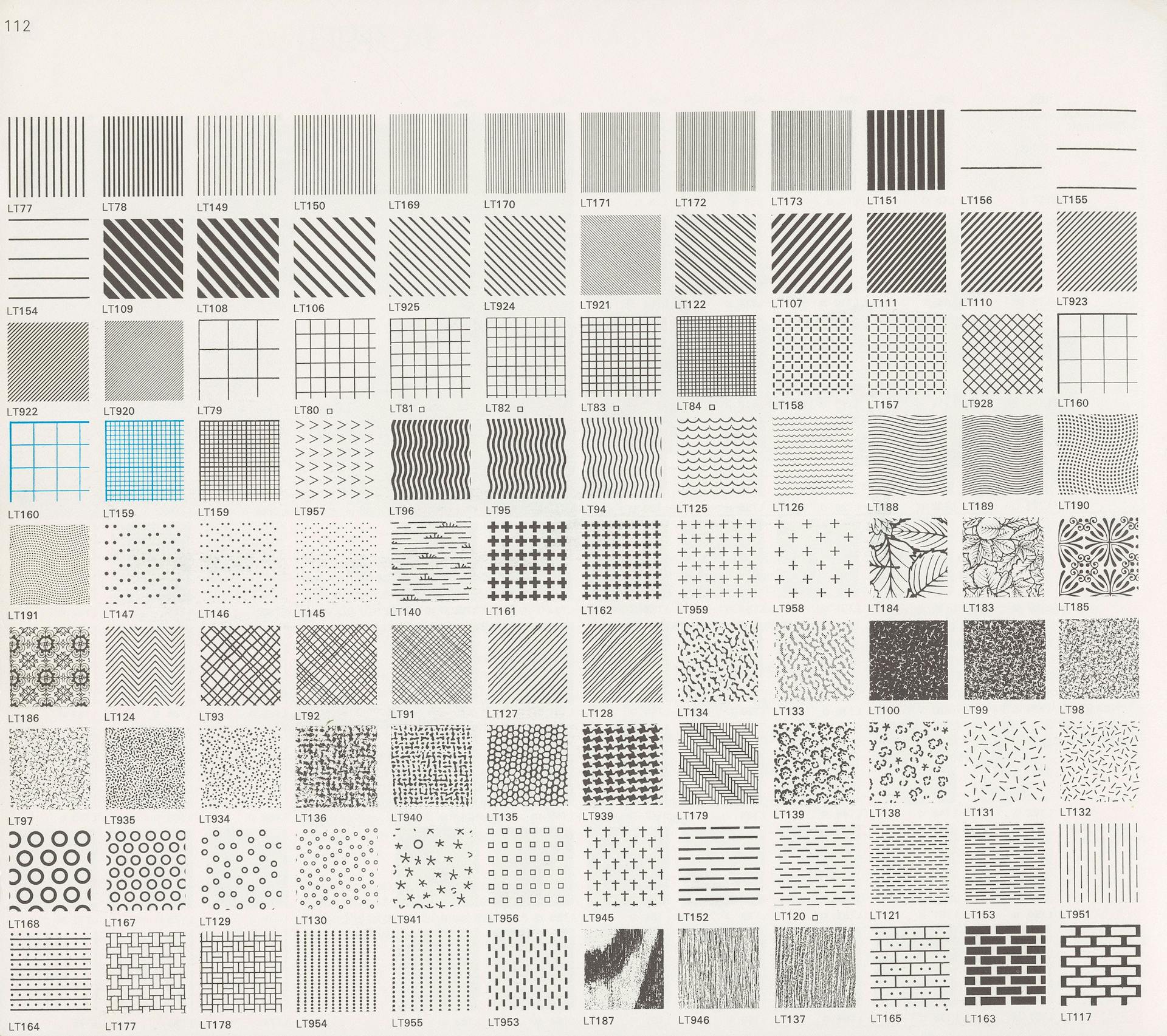 Overzicht van beschikbare Zips met rasters van Letratone voor de architect, ca. 1975. Bron: productcatalogus van Letraset, ca. 1975. Collectie Ellen Smit.  
