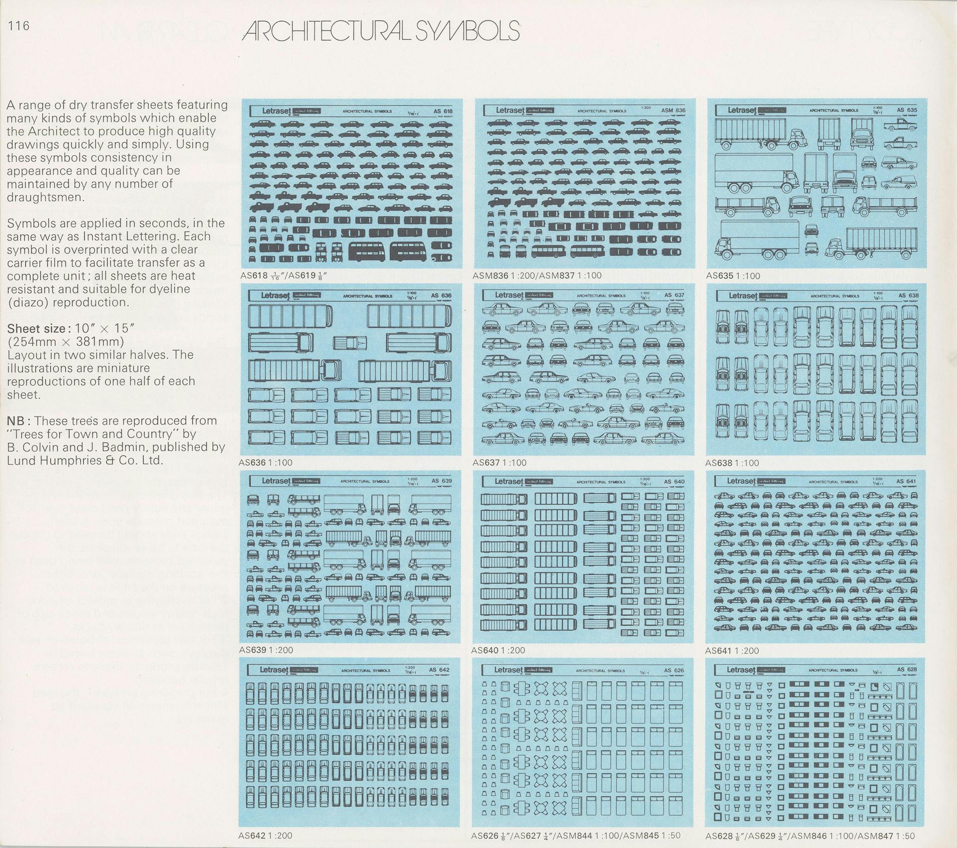 Speciaal voor architecten bracht Letraset deze voorbedrukte Zips uit met auto’s en vervoermiddelen, ca. 1975. Bron: productcatalogus van Letraset, ca. 1975. Collectie Ellen Smit.  
