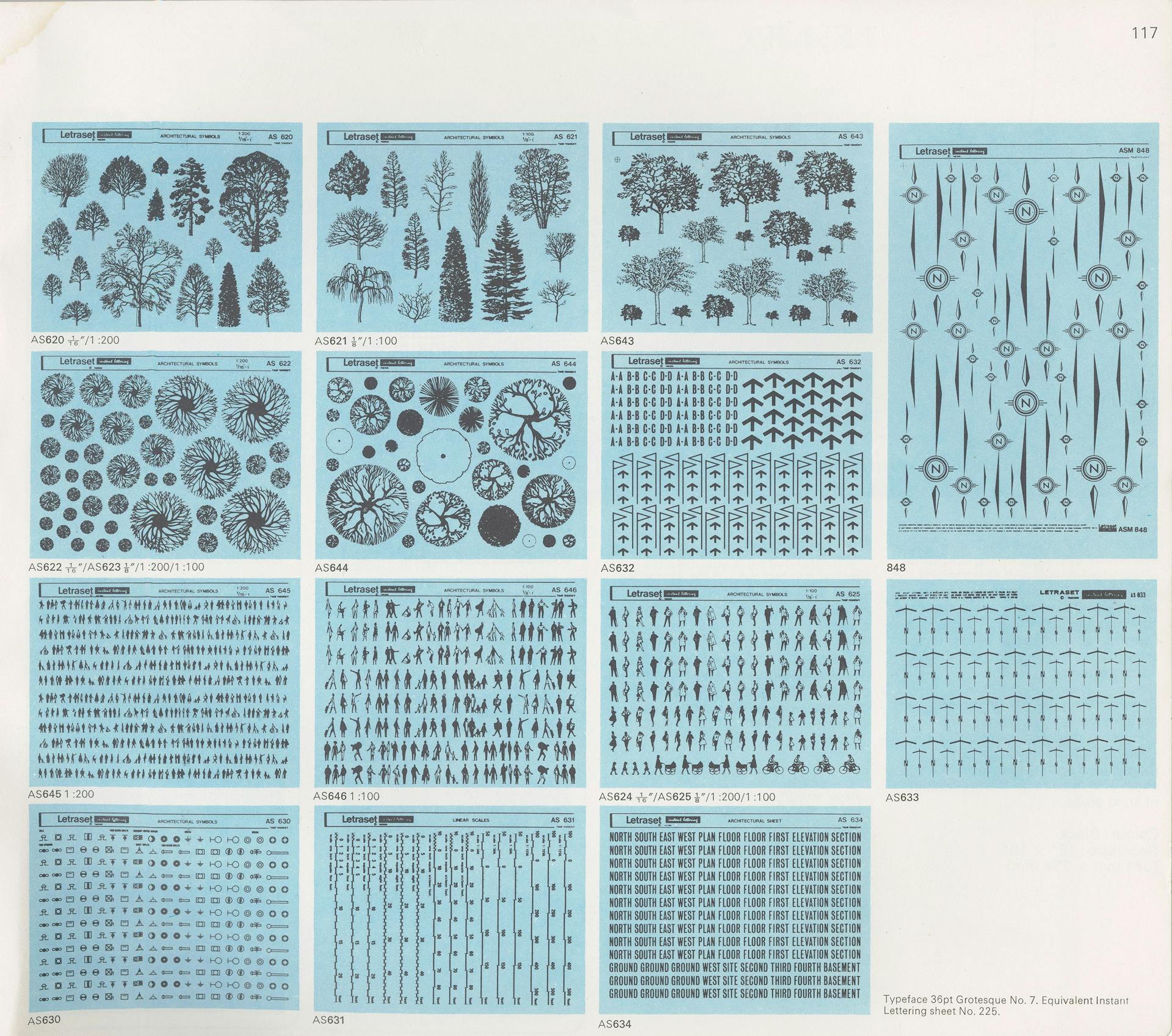 Speciaal voor architecten bracht Letraset deze voorbedrukte Zips uit met allerlei soorten bomen, figuren en tekens, ca. 1975. Bron: productcatalogus van Letraset, ca. 1975. Collectie Ellen Smit.  