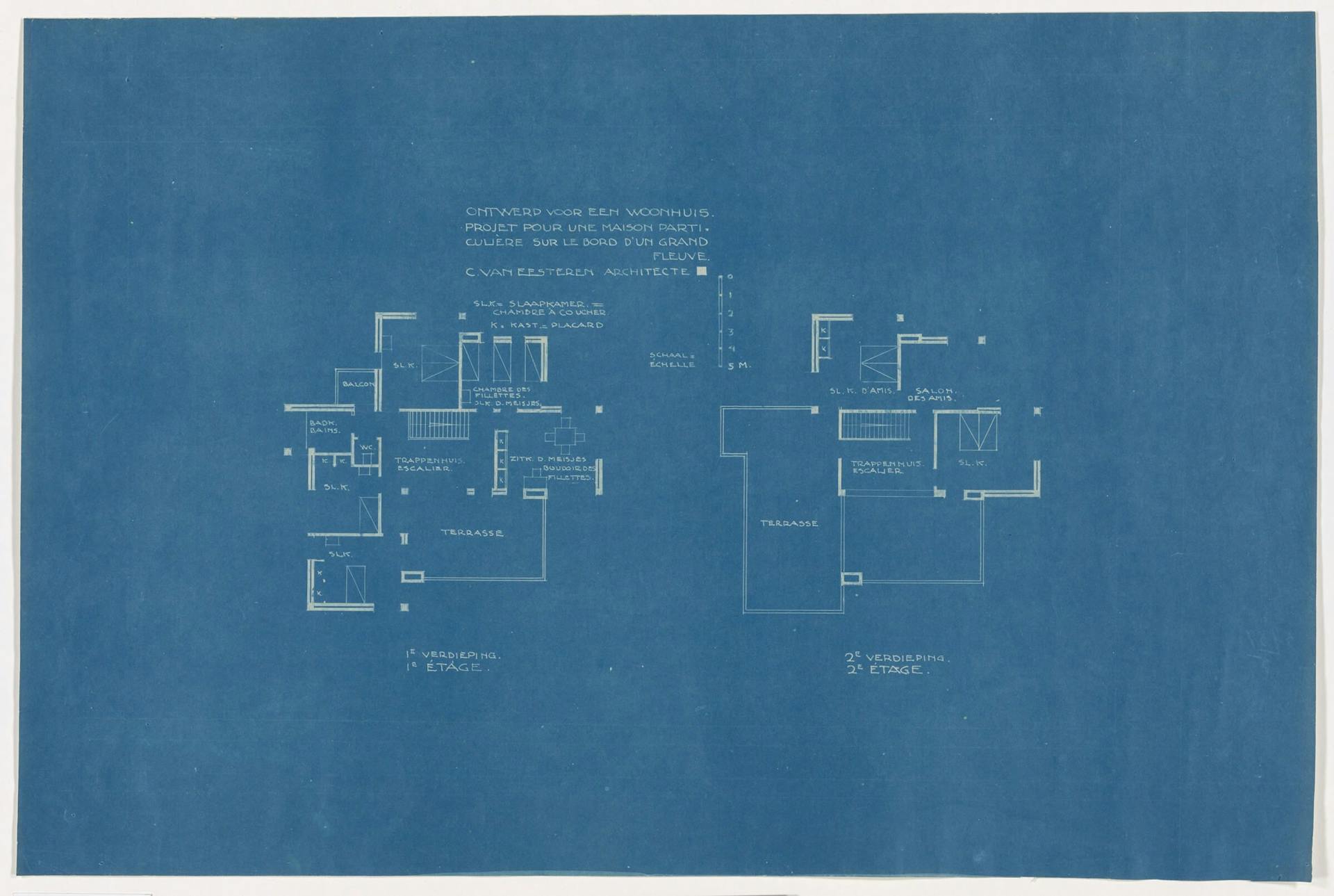 Theo van Doesburg en Cornelis van Eesteren. Ontwerp voor Maison Particulière, 1923. Blauwdruk. Collectie Het Nieuwe Instituut, DOES016. 