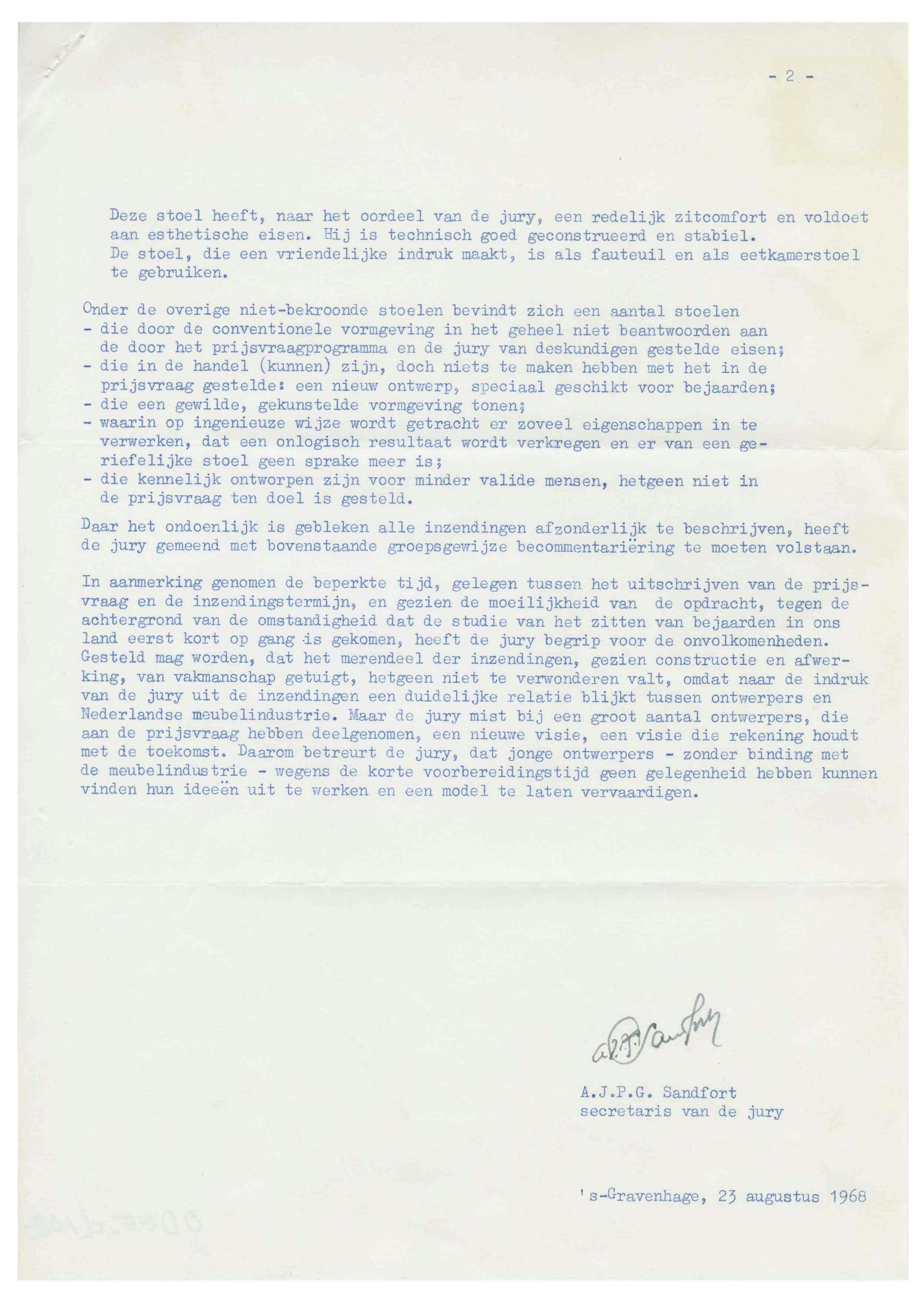 Juryrapport met betrekking tot de Nationale Prijsvraag Bejaardenstoel, 1968. Opdrachtgever: Centrale Bond van Meubelfabrikanten. Collectie Het Nieuwe Instituut, ODEE d1880-2