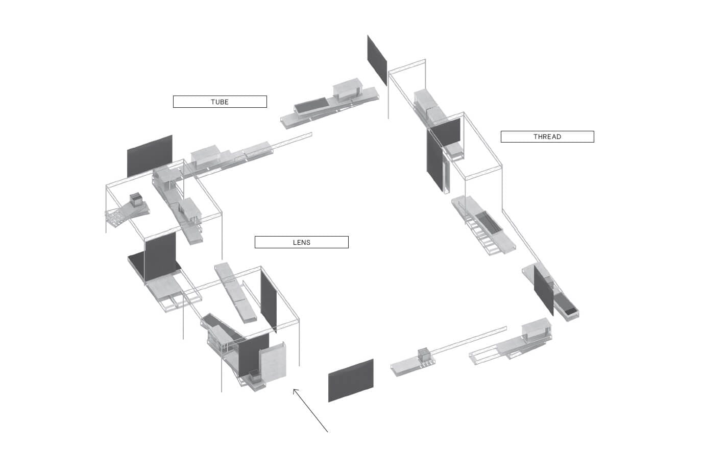 Axonometric drawing of exhibition design and routing. Koehorst in 't Veld. 
