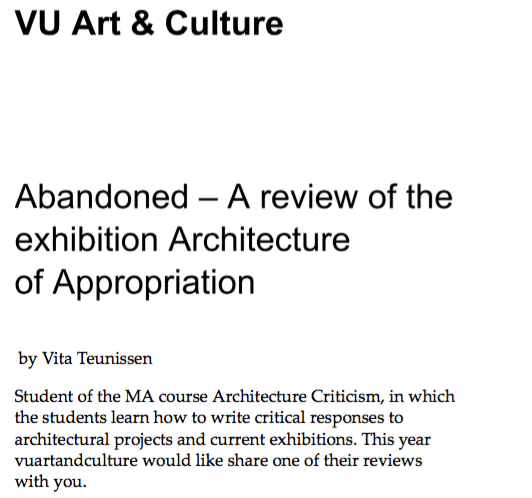  VU Art and Culture about Architecture of Appropriation, 30 May 2017 