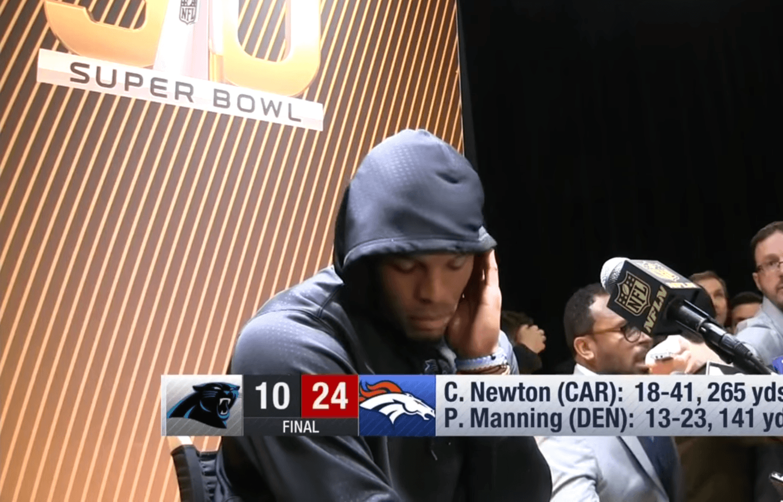 Cam Newton Walks Off During Super Bowl 50 Postgame Presser | NFL (screen shot)