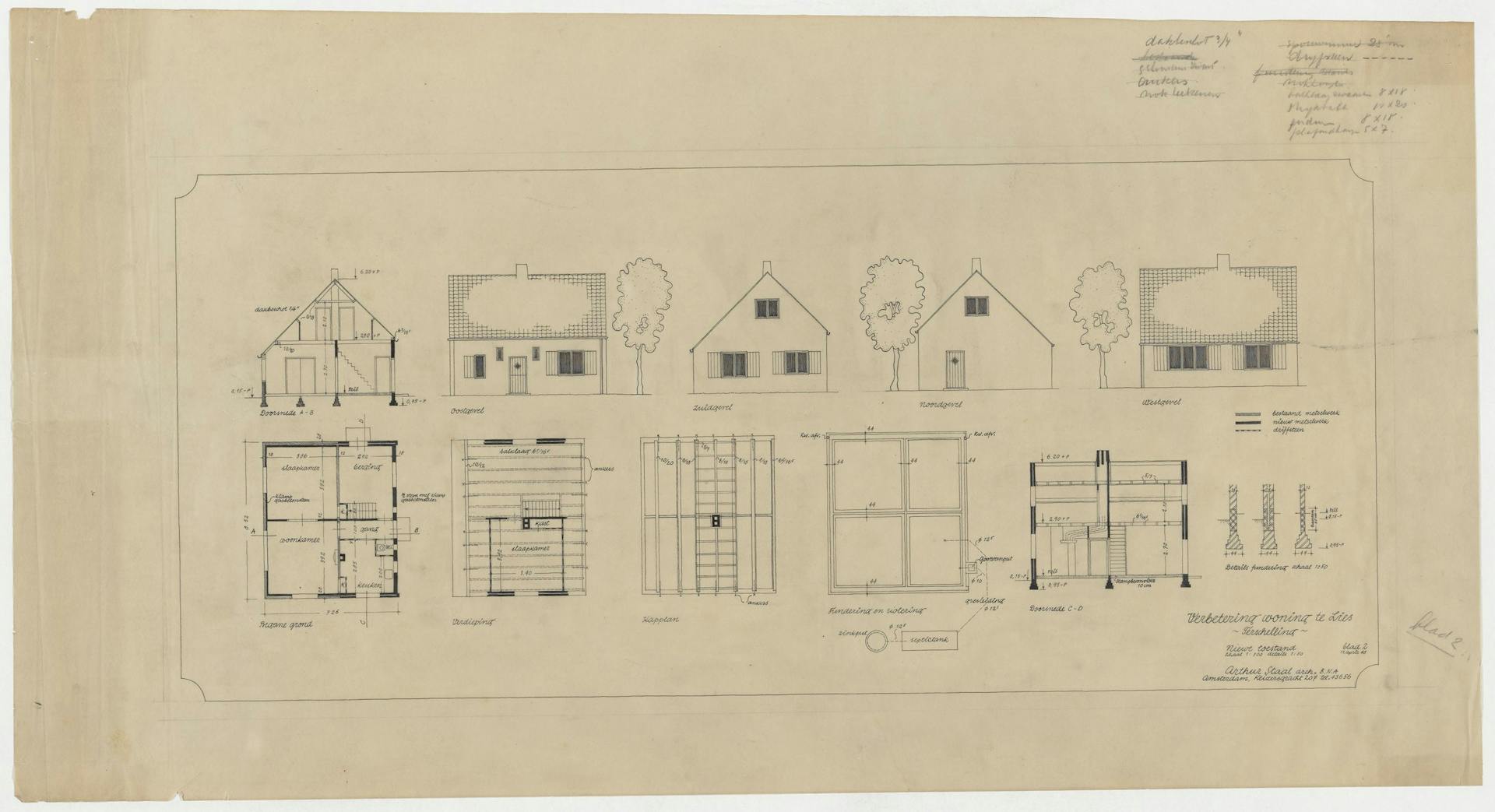 Arthur Staal, verbouwing van een woonhuis, Lies, 1948. Om repetitief tekenwerk te vermijden tekenden architecten soms alleen een deel van een architectonisch onderdeel, zoals bijvoorbeeld dit gedeelte van een pannendak. Zips met voorbedrukte da… 