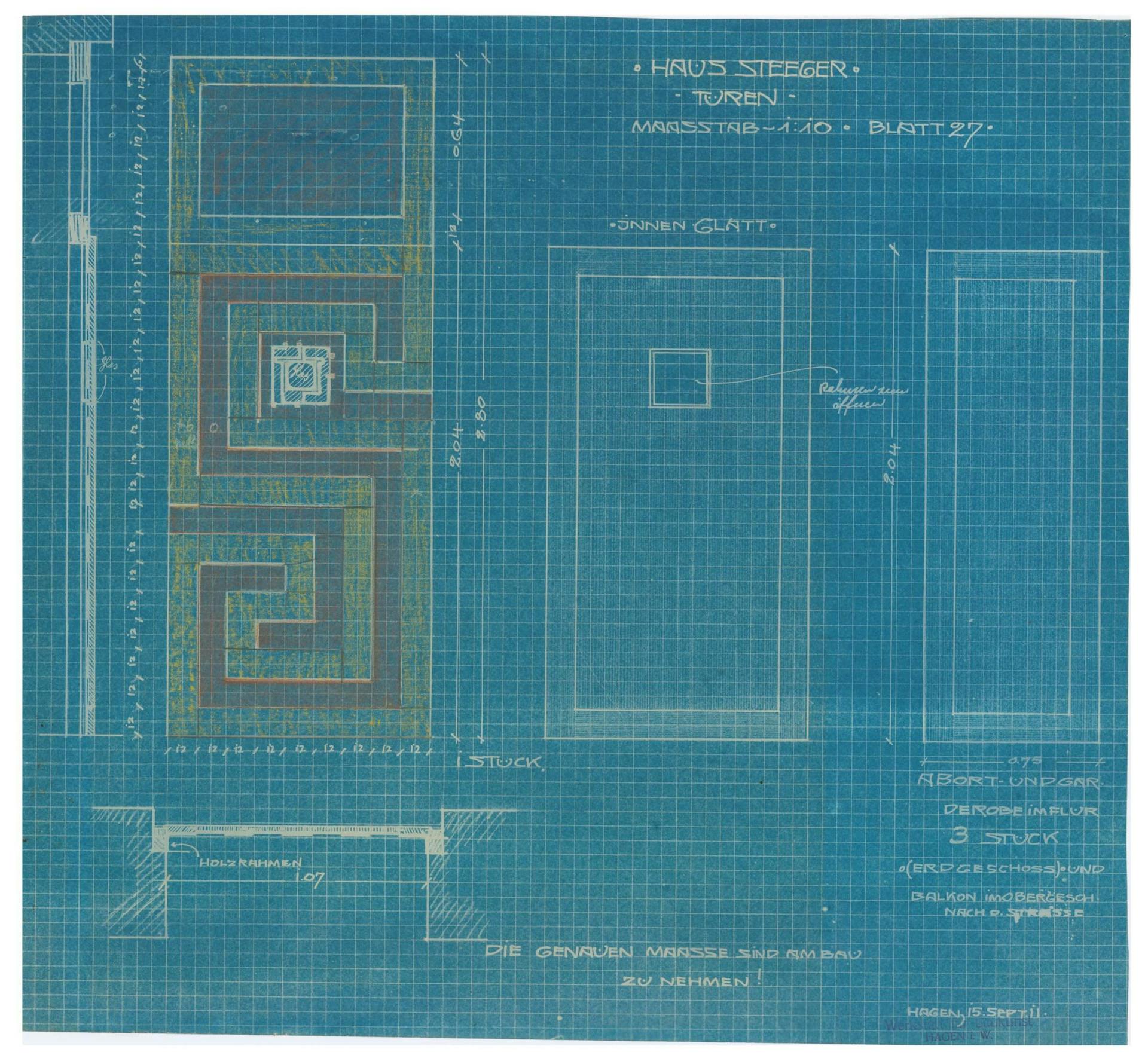 J.L.M. Lauweriks blueprint of the door design of residential building, M. Steeger, 1911-1912. Collection: Het Nieuwe Instituut, archive: J.L.M. Lauweriks, inventory number: LAUW15.50. 