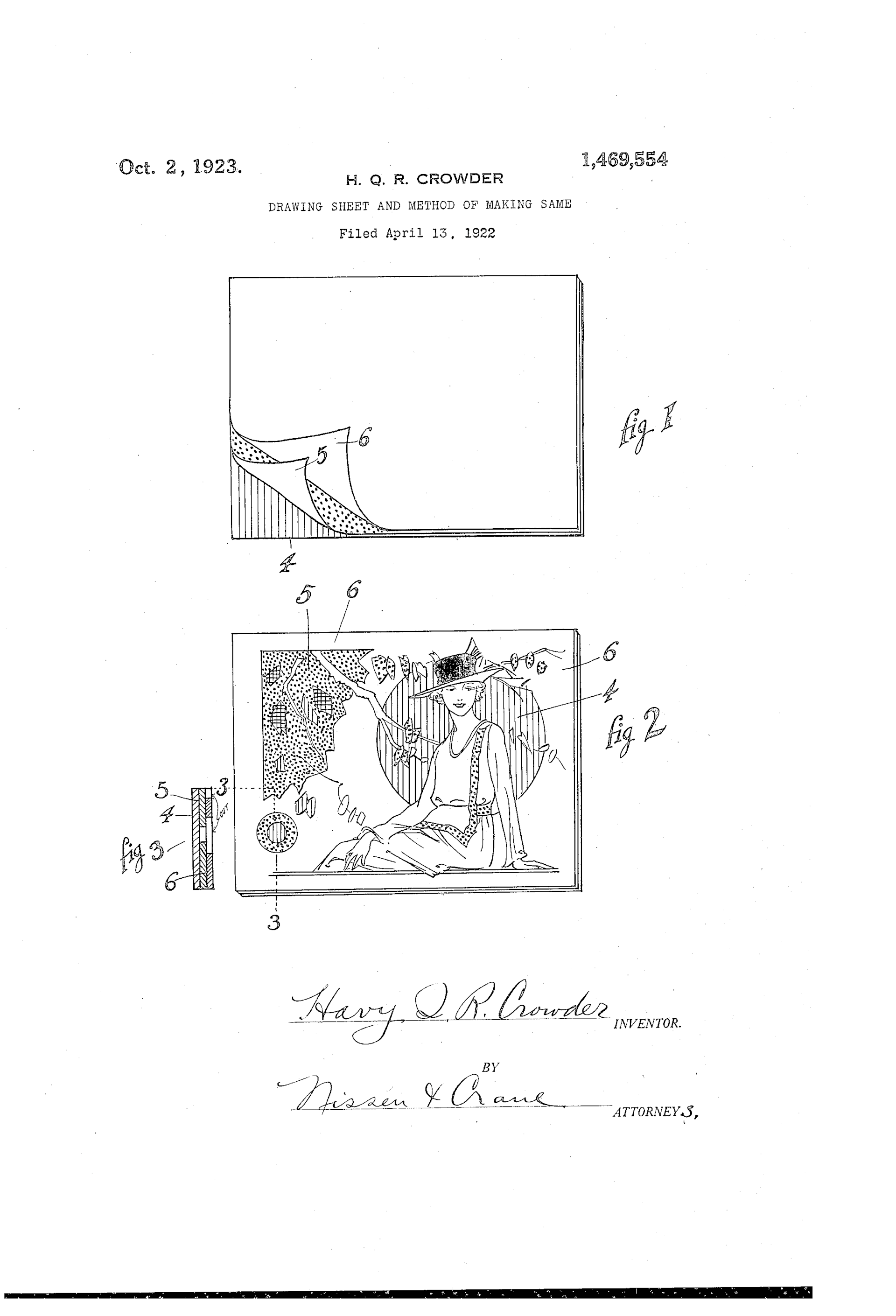 Havy Q.R. Crowder. Patent op ‘Drawing sheet and method of making same’, 1922-1923.  Bron: https://patents.google.com/patent/US1469554A/en  