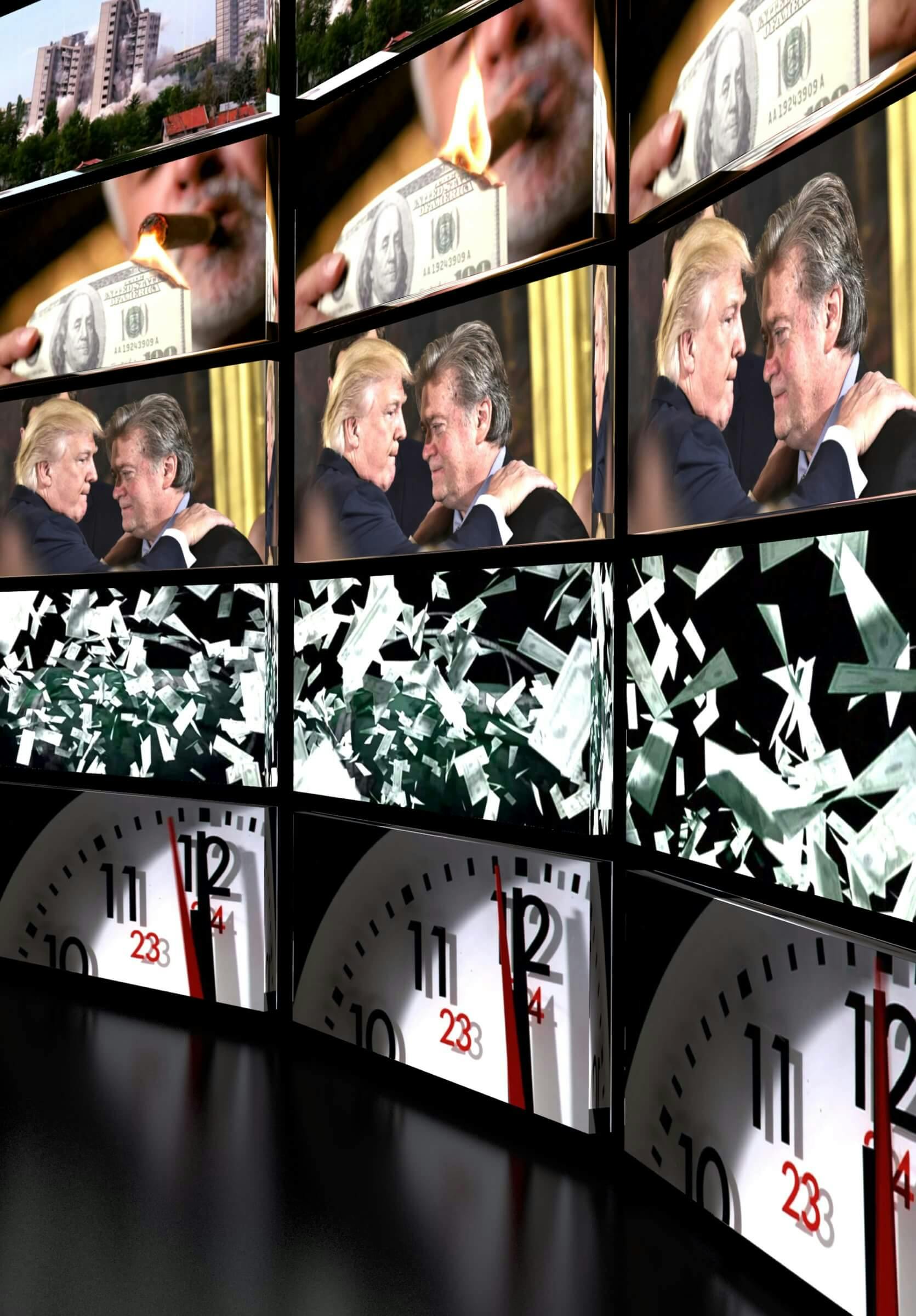 Stills van Steve Bannon’s film Generation Zero (2010). Steve Bannon: A Propaganda Retrospective,  2018. Kunstenaar: Jonas Staal. Beeld: Remco van Bladel en Jonas Staal 