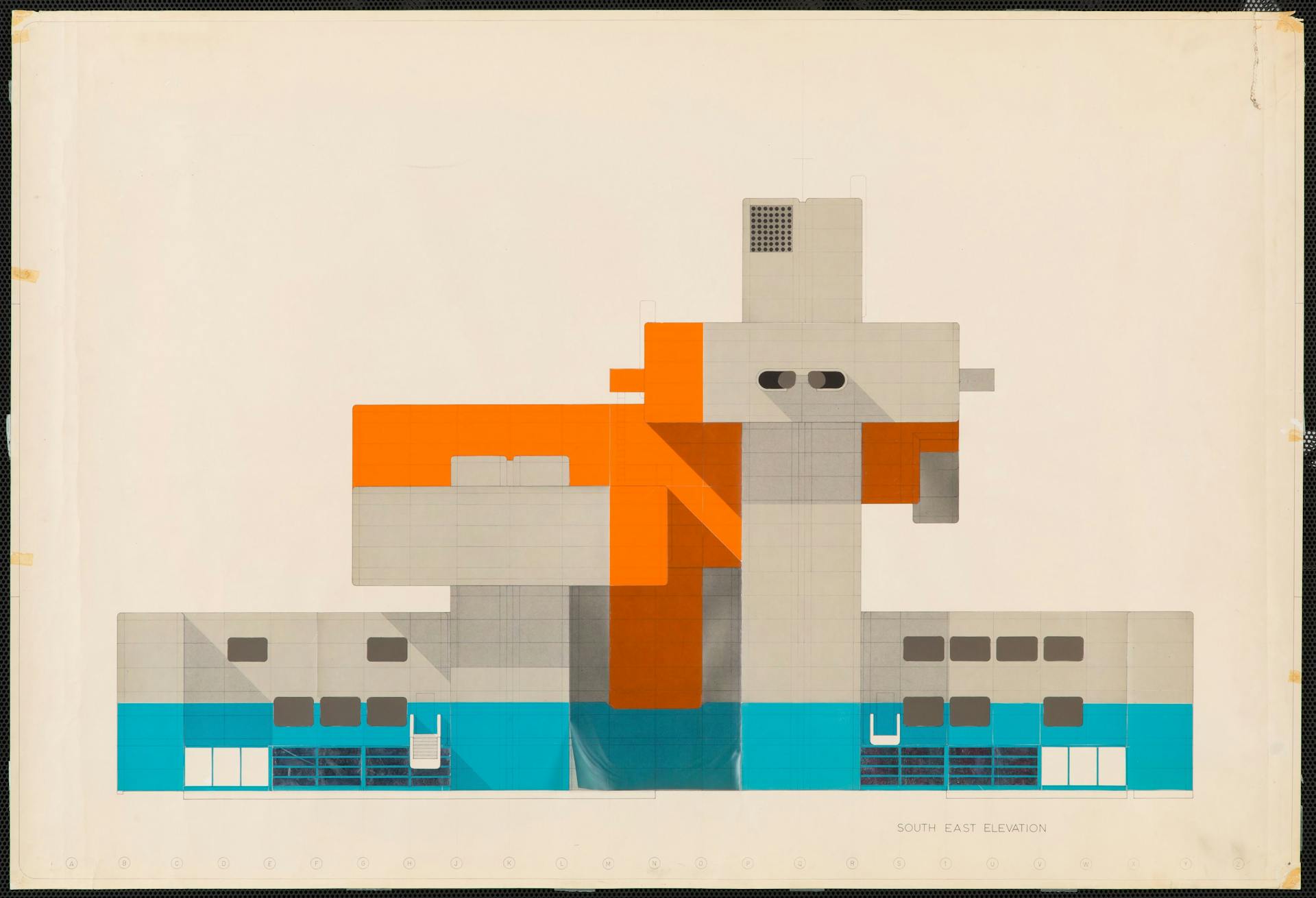 Carel Weeber en Jaap Bakema. Presentatietekening van het kleurontwerp voor de gevels van het Nederlands paviljoen op Expo 70 in Osaka, 1970. Toepassingen van oranje en blauwe Zips  om de kleur en glans uit te drukken waarmee het paviljoen de aa… 