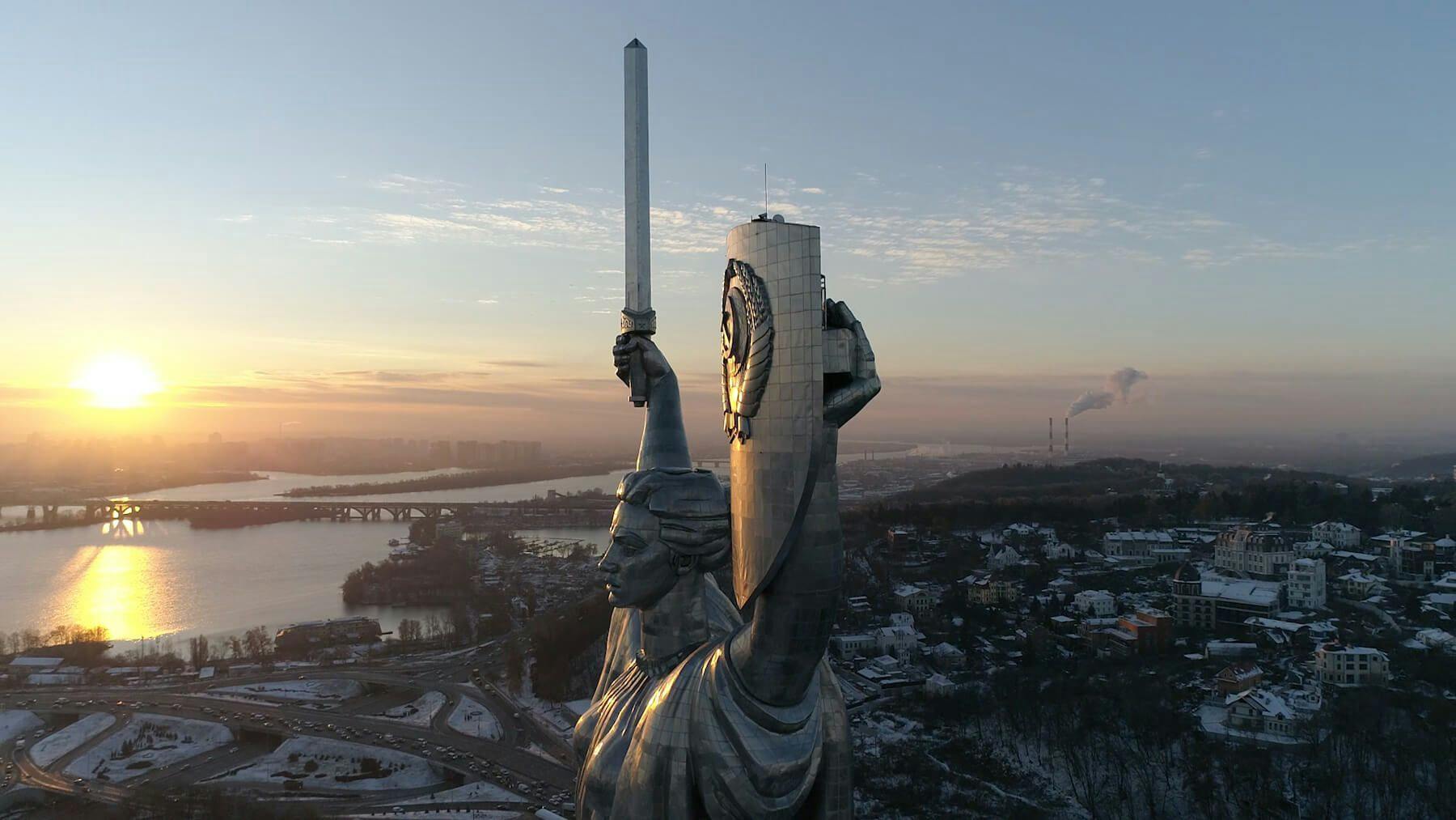 The Motherland Monument in Kyiv, Ukraine, still from "Antagonisms of Memory in Post-Maidan Kyiv" 