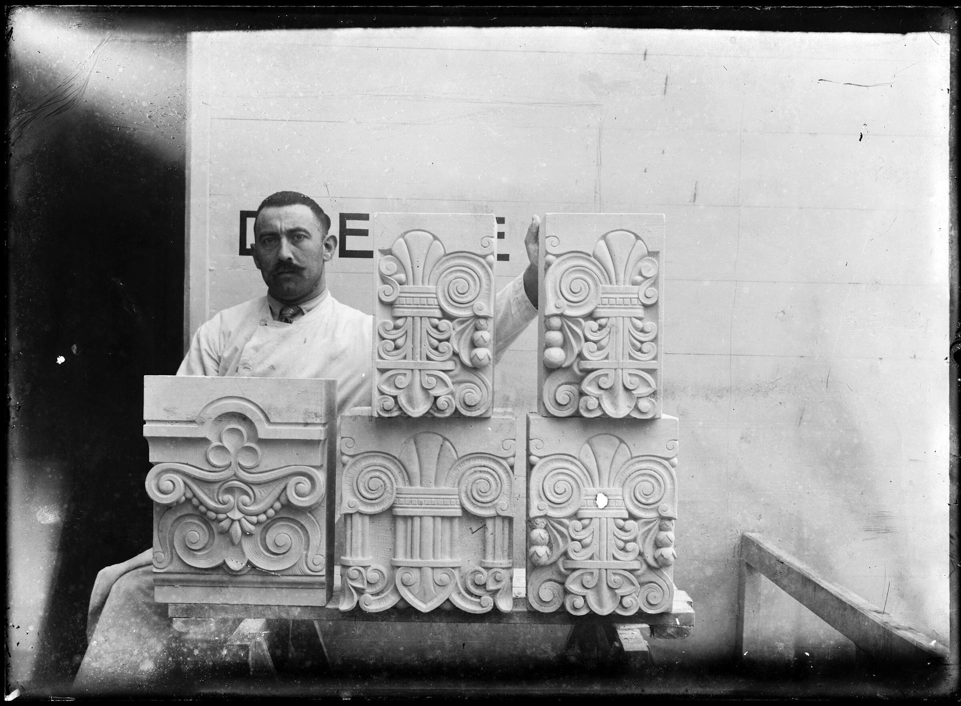Ornaments for the Amsterdam Stock Exchange, ca. 1914. Glass plate negative from Bureau Cuypers archive. Collection Het Nieuwe Instituut, CUBA n8 
