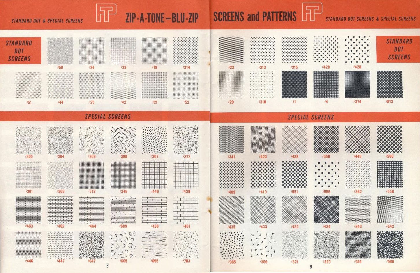 Voorbeelden van Zips met rasters en patronen in een catalogus van Zip-A-Tone, 1964. Bron: https://archive.org/details/TNM_Zip-A-Tone_Blu-Zip_screens_and_colors_catalog_20180219_1007/page/n9/mode/2up  